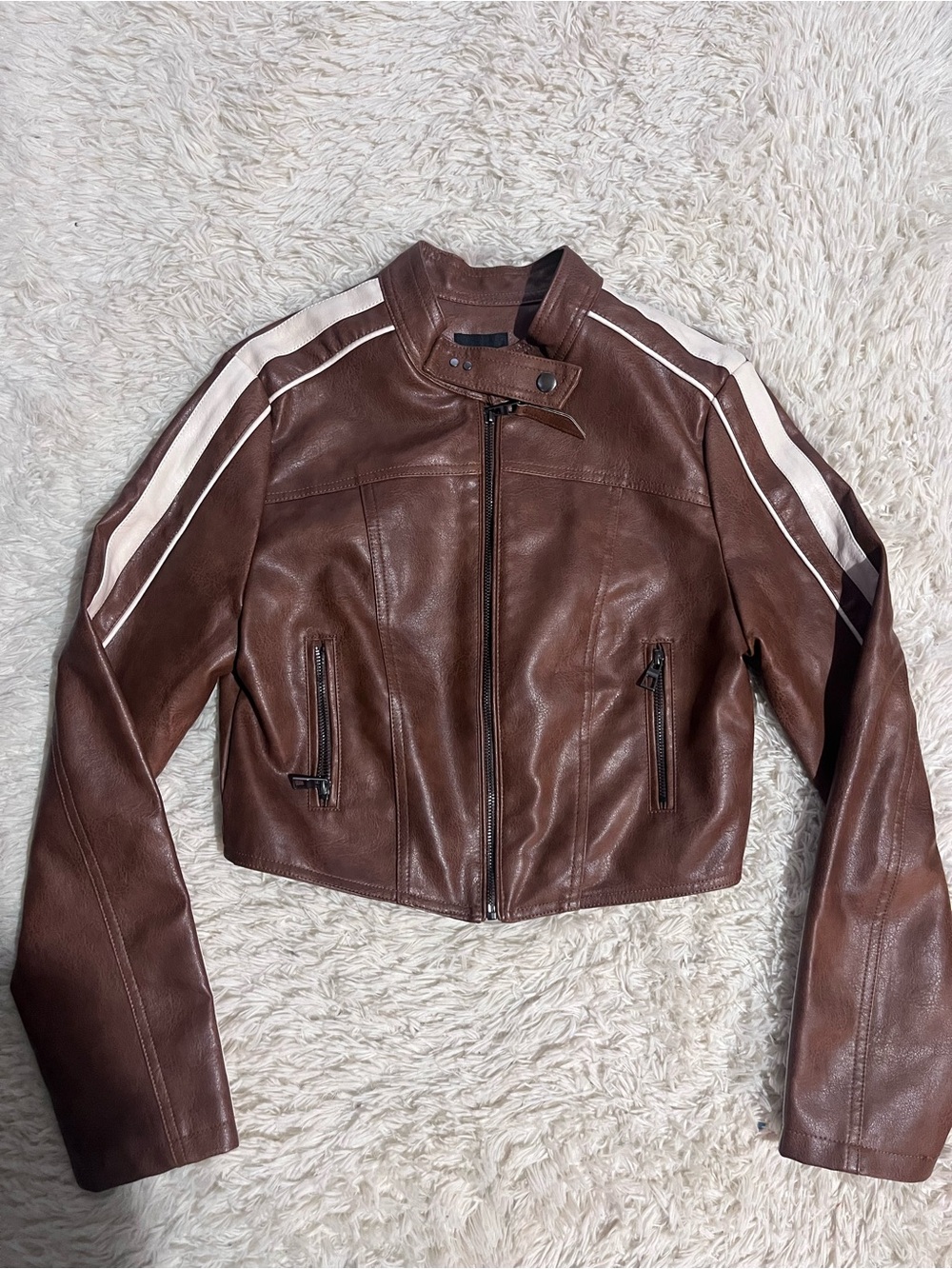 Love Tree Brown Leather Moto Jacket with Cream Shoulder Stripes